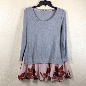 Little Yellow Button Top Blouse Layered Look M Stretchy Pullover Floral Trim